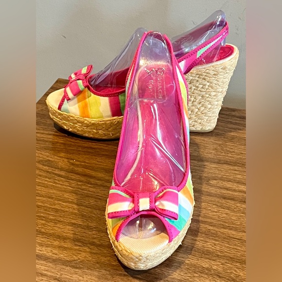 Coach Shoes - Coach ‘Grace’ Rainbow Striped Peep Toe Slingback Bow Espadrille Wedges, Size 11